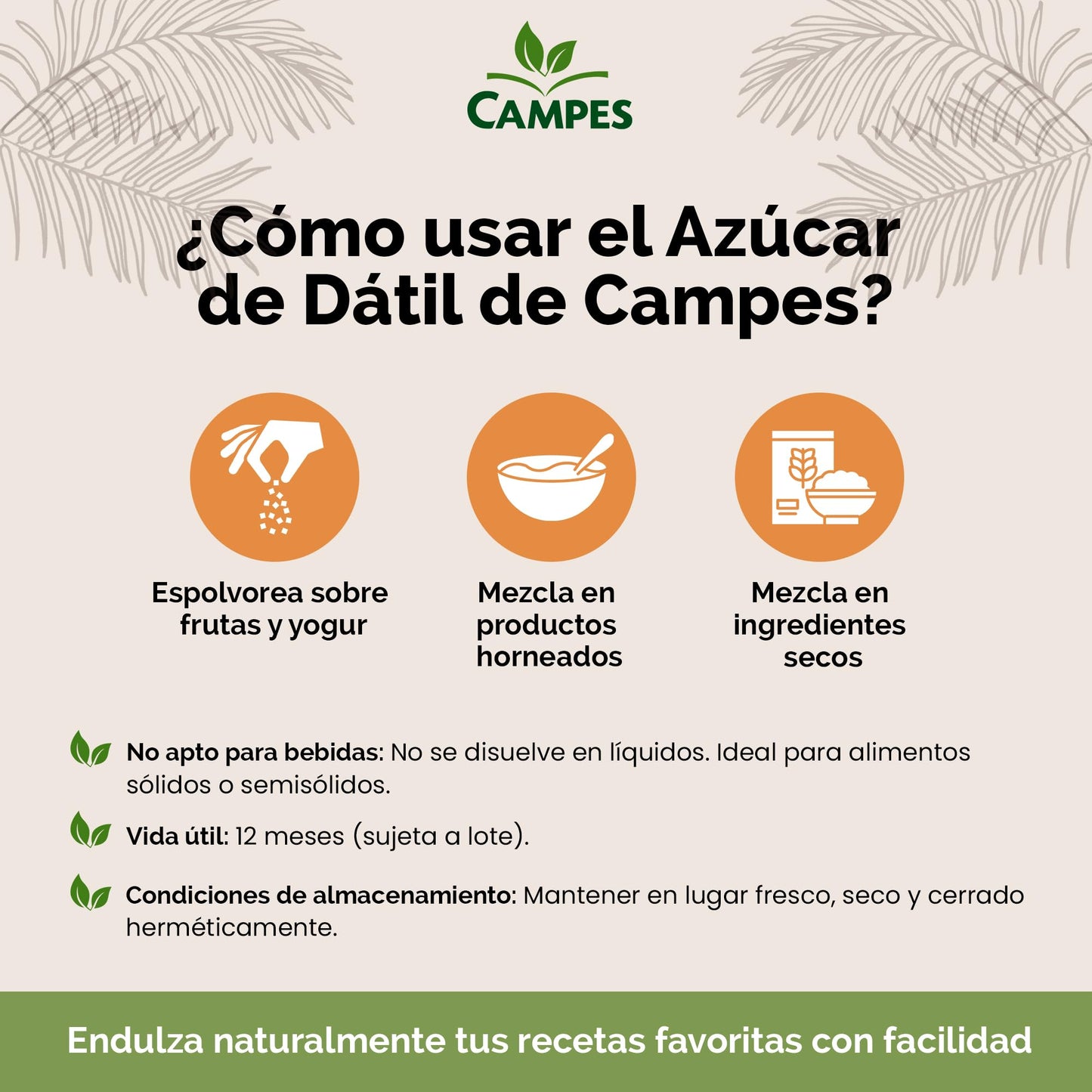 Campes Azúcar de Dátil 250g - Edulcorante Natural de Dátiles - Sustituto de Azúcar Saludable - Sin Gluten ni Azúcar Refinada - Ideal para Endulzar Bebidas y Postres