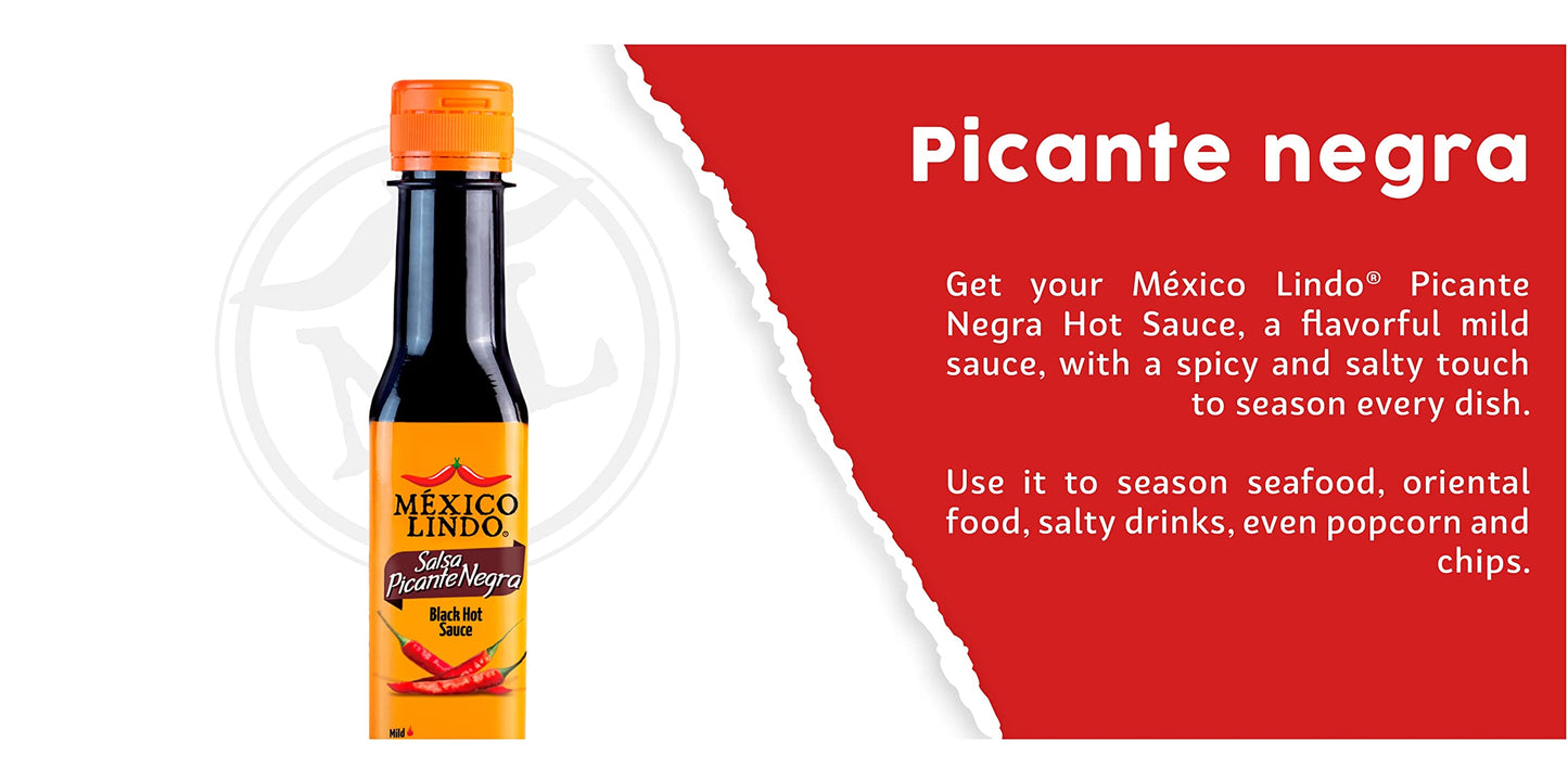 Mexico Lindo Picante Negra Hot Sauce | Light & Spicy | 8,400 Scoville Level | Great with Asian Food, Seafood & Meat | 5 Fl Oz Bottle (Pack of 12)