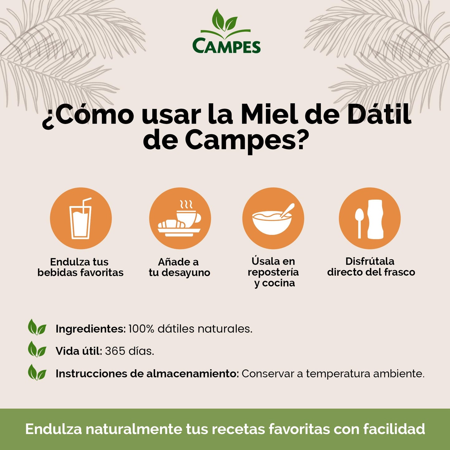 Campes | Miel de dátil 350gr | 100% Natural | Sin azúcar añadida | Sin gluten.