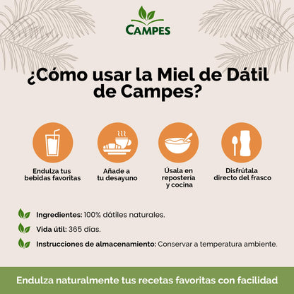Campes | Miel de dátil 350gr | 100% Natural | Sin azúcar añadida | Sin gluten.