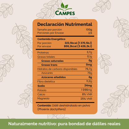 Campes Azúcar de Dátil 250g - Edulcorante Natural de Dátiles - Sustituto de Azúcar Saludable - Sin Gluten ni Azúcar Refinada - Ideal para Endulzar Bebidas y Postres