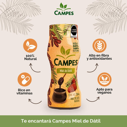 Campes | Miel de dátil 350gr | 100% Natural | Sin azúcar añadida | Sin gluten.