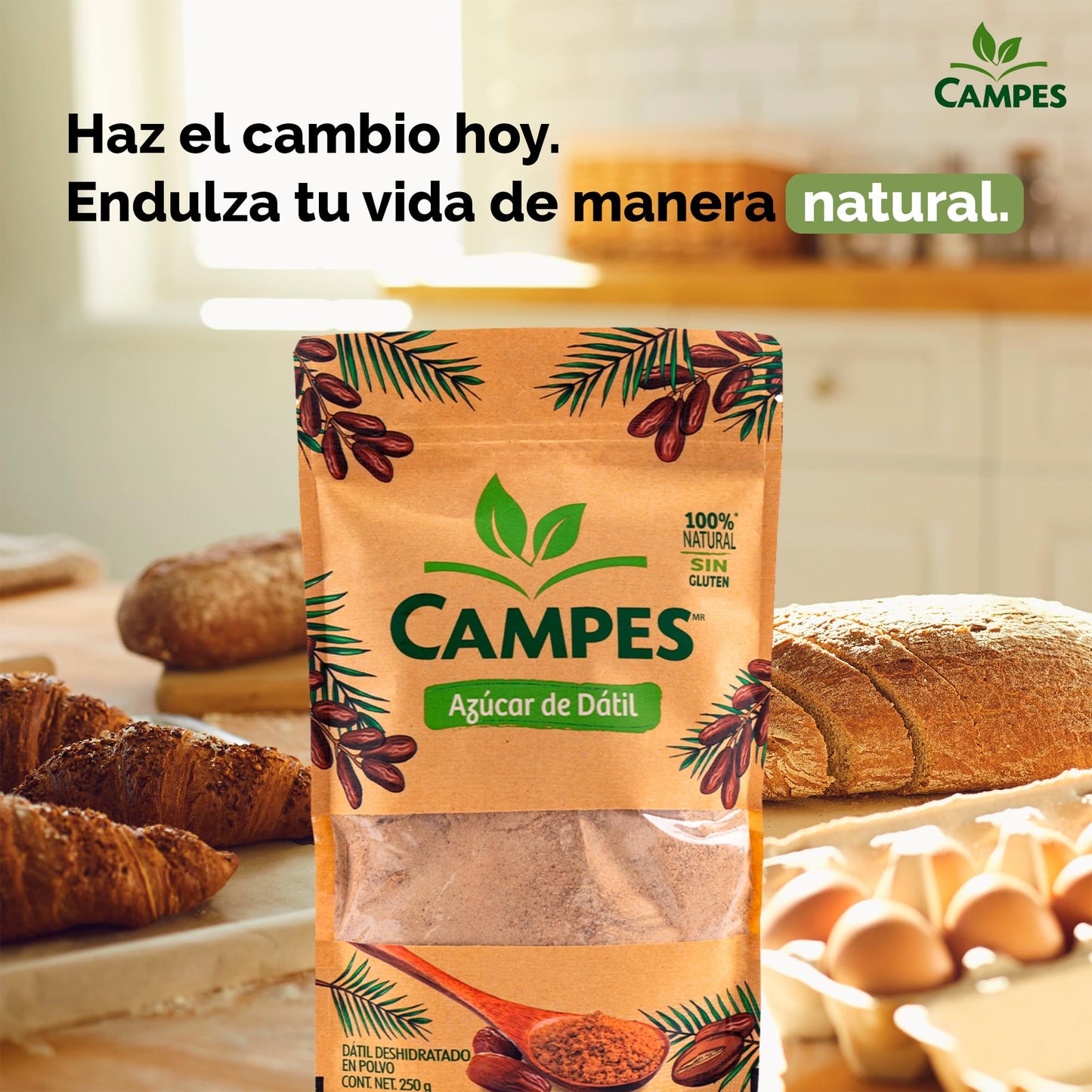 Campes Azúcar de Dátil 250g - Edulcorante Natural de Dátiles - Sustituto de Azúcar Saludable - Sin Gluten ni Azúcar Refinada - Ideal para Endulzar Bebidas y Postres