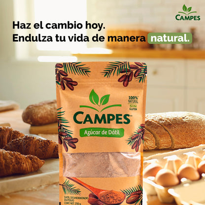 Campes Azúcar de Dátil 250g - Edulcorante Natural de Dátiles - Sustituto de Azúcar Saludable - Sin Gluten ni Azúcar Refinada - Ideal para Endulzar Bebidas y Postres