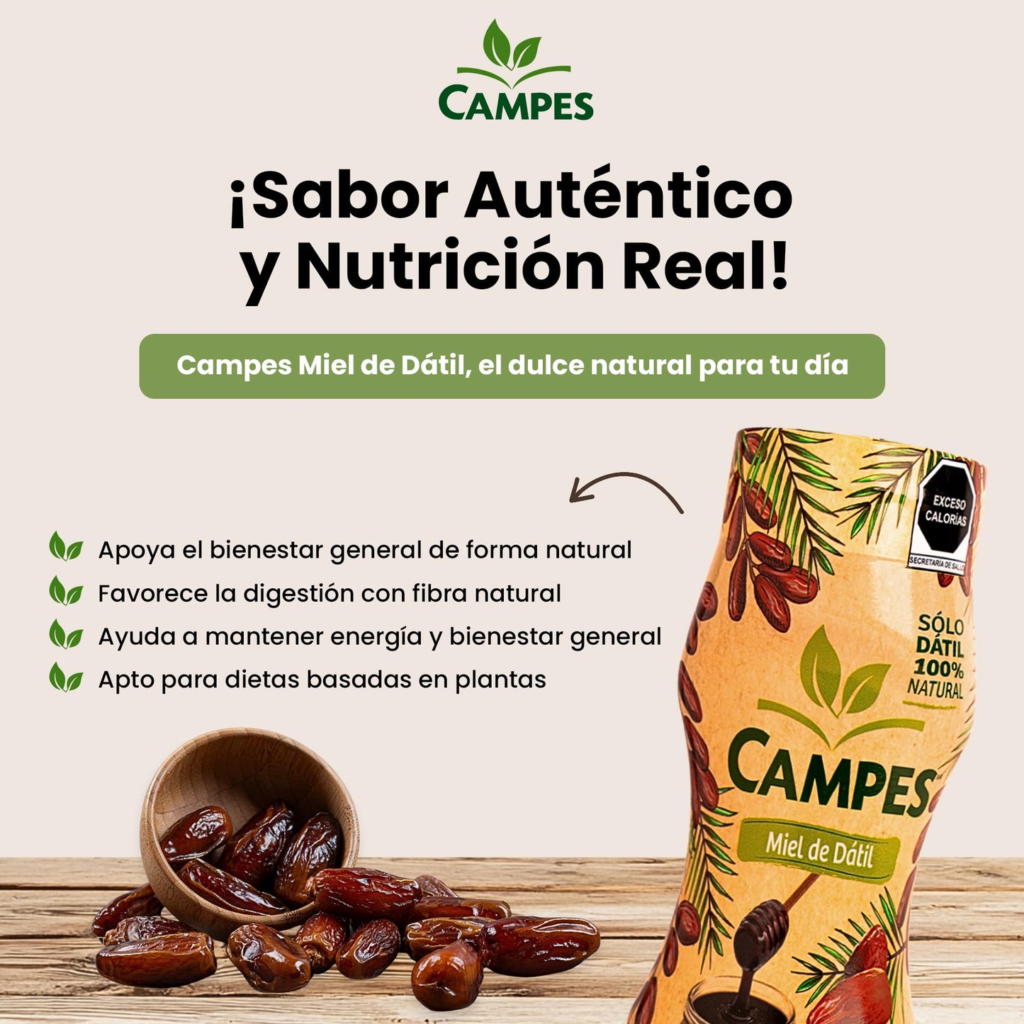 Campes | Miel de dátil 350gr | 100% Natural | Sin azúcar añadida | Sin gluten.