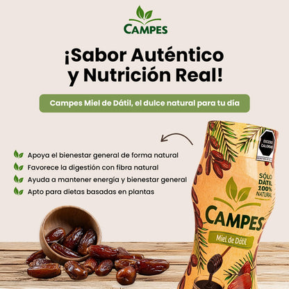 Campes | Miel de dátil 350gr | 100% Natural | Sin azúcar añadida | Sin gluten.