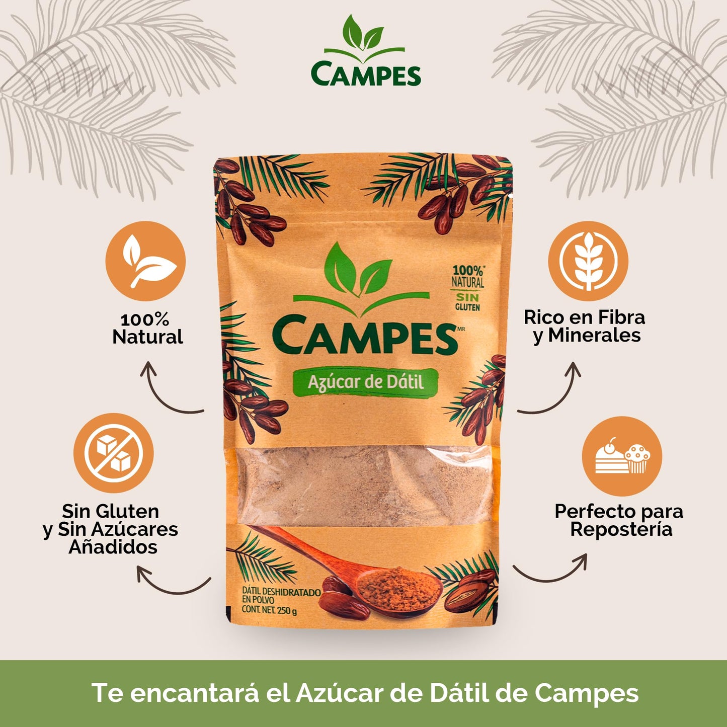 Campes Azúcar de Dátil 250g - Edulcorante Natural de Dátiles - Sustituto de Azúcar Saludable - Sin Gluten ni Azúcar Refinada - Ideal para Endulzar Bebidas y Postres