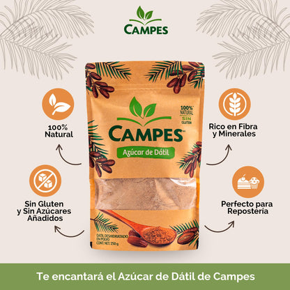 Campes Azúcar de Dátil 250g - Edulcorante Natural de Dátiles - Sustituto de Azúcar Saludable - Sin Gluten ni Azúcar Refinada - Ideal para Endulzar Bebidas y Postres