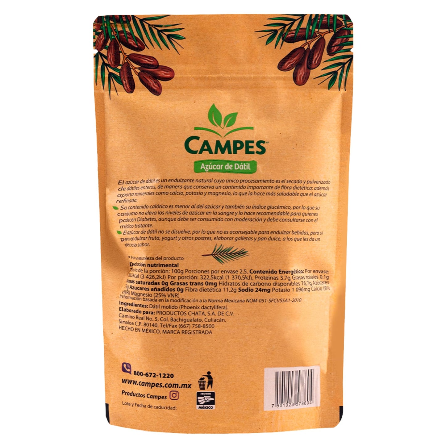 Campes Azúcar de Dátil 250g - Edulcorante Natural de Dátiles - Sustituto de Azúcar Saludable - Sin Gluten ni Azúcar Refinada - Ideal para Endulzar Bebidas y Postres