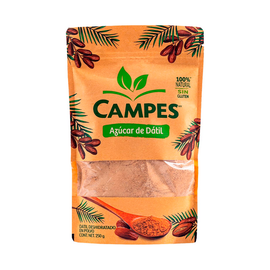 Campes Azúcar de Dátil 250g - Edulcorante Natural de Dátiles - Sustituto de Azúcar Saludable - Sin Gluten ni Azúcar Refinada - Ideal para Endulzar Bebidas y Postres
